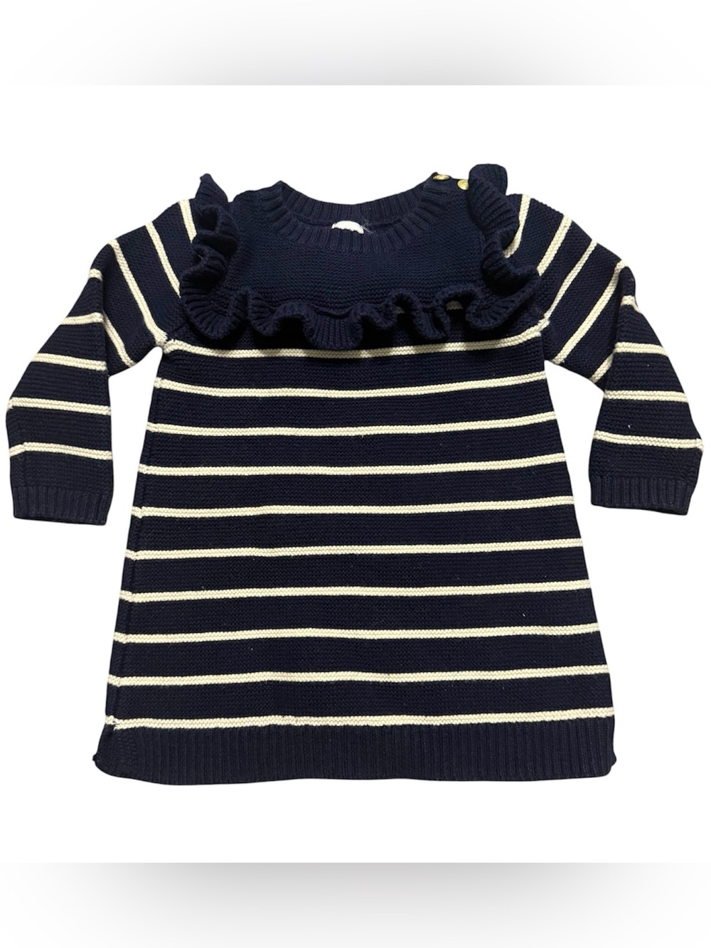Baby Gap Sweater Dress 6-12M Navy Blue White Striped Ruffle Long Sleeve